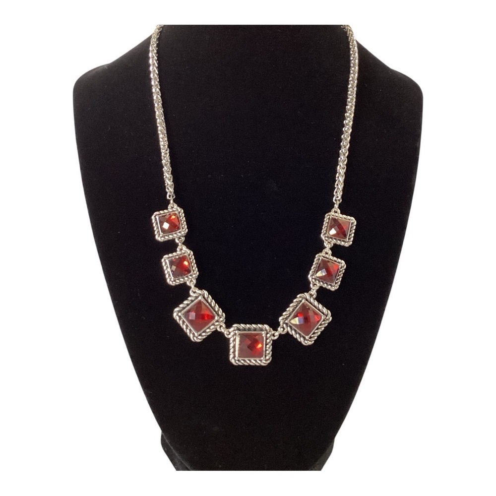Scroll Silver Tone Rope Edge Square Links Red Rhinestone 18" Necklace